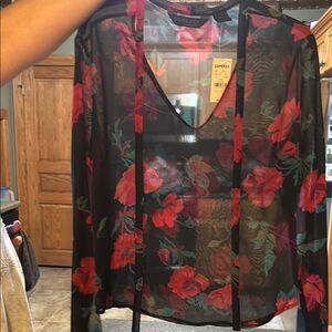 Express Black and Red Floral Sheer Blouse